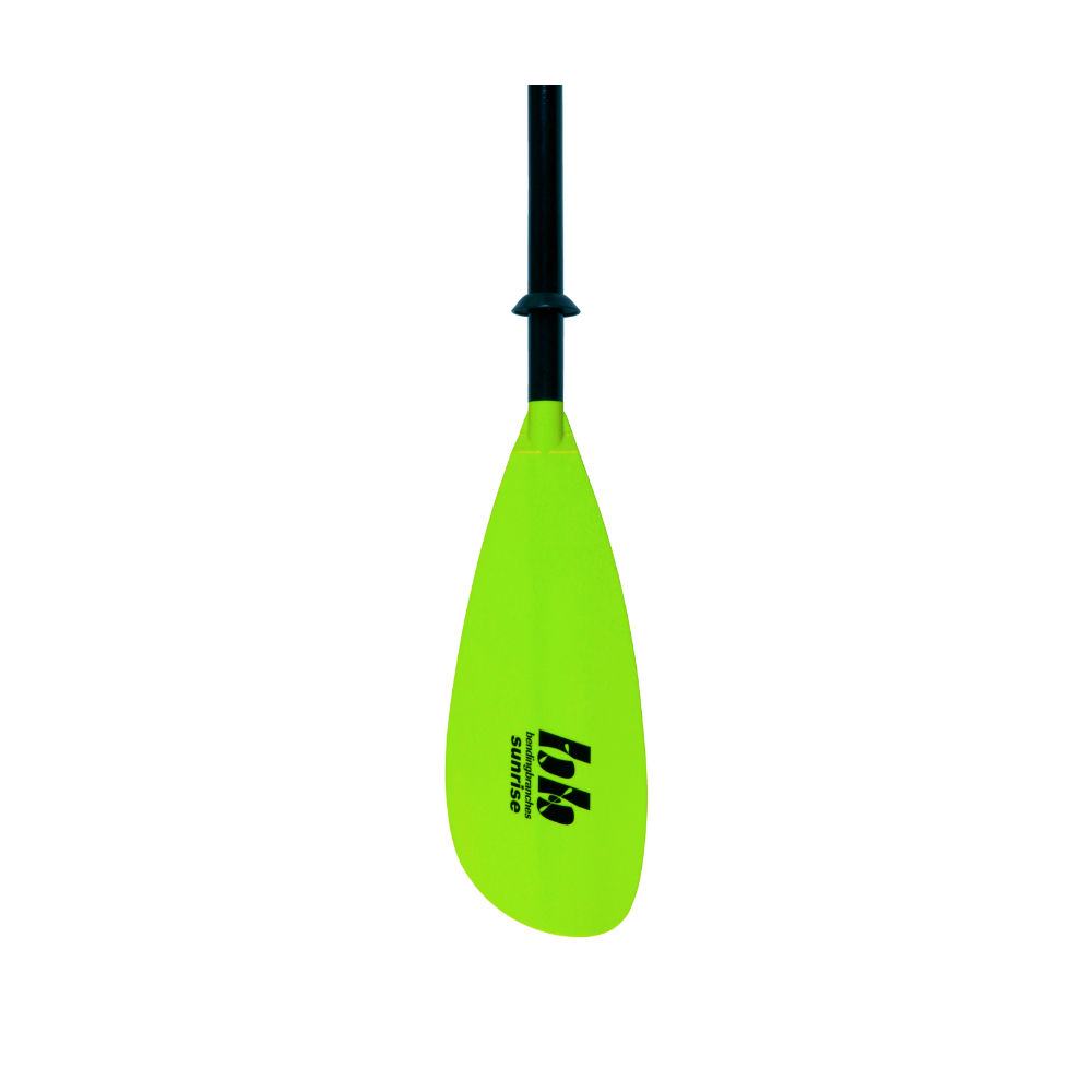 BB sunrise The Sunrise Glass kayak paddle balances it all: performance, comfort, value, and style. When looking for high-end features but a reasonable price tag, look no further. The Sunrise Glass has polypropylene blades that are stiff and reliable, btu also pull through the water smoothly. Its shaft is rugged, yet lightweight fiberglass, which provides both comfort and warmth in a tight fitting two-piece snap button ferrule.