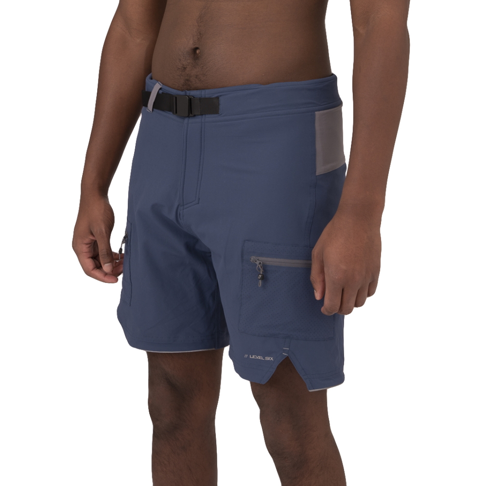 LevelSix Guide Built for multiple days on the water these shorts define rugged, toughness, and style. Perfect for being in and out of the water and features quick drying nylon stretch fabric, meshed zipper side pockets and a integrated belt.