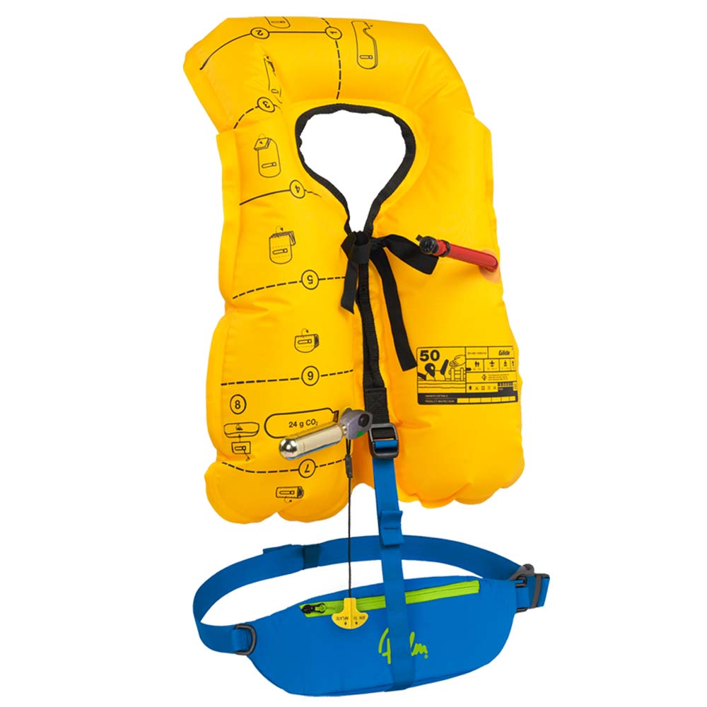 "This waist-belt PFD conceals a 100 N floatation bladder which can be instantly inflated when you need it at the pull of a cord. Perfect for stand up paddle boarding, the Glide has a handy phone sized pocket and D-ring clip points. Sitting comfortably out of the way when not in use, the Glide fastens securely over your head after inflation."